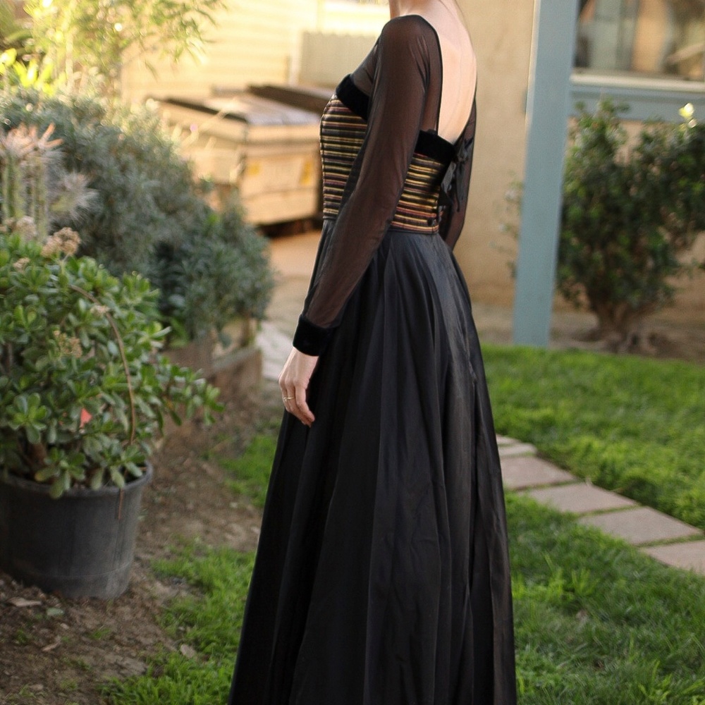 JS Collections black gown, metallic striped bodice